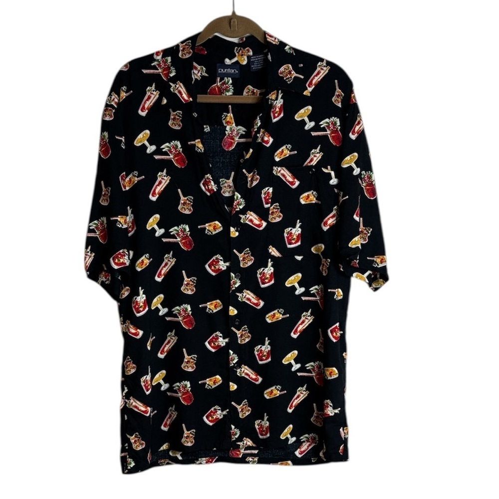💐Puritan Navy Shirt Colourful Cocktail Design Medium Short Sleeve Tropical Vaca